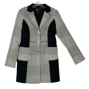 NWT DKNY Jacket Women 8 Black-White Long Single-Breasted Metal-Btns Houndstooth